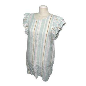 A New Day Womens Ruffle Sleeve Striped Linen Dress Sz Large Pastel Mint/White